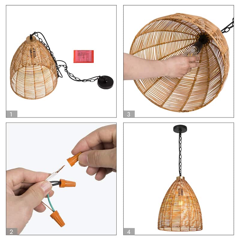 Ravy Farmhouse Large 1-Light Rattan Pendant Natural Cone Island Lights for Dining Room - D 14.17" x H 77.5" MAX