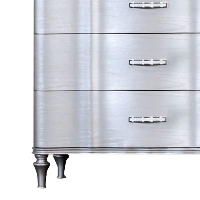 Eleena Tall Dresser Chest, 5 Drawers, Silver Solid Wood, Chrome Metal