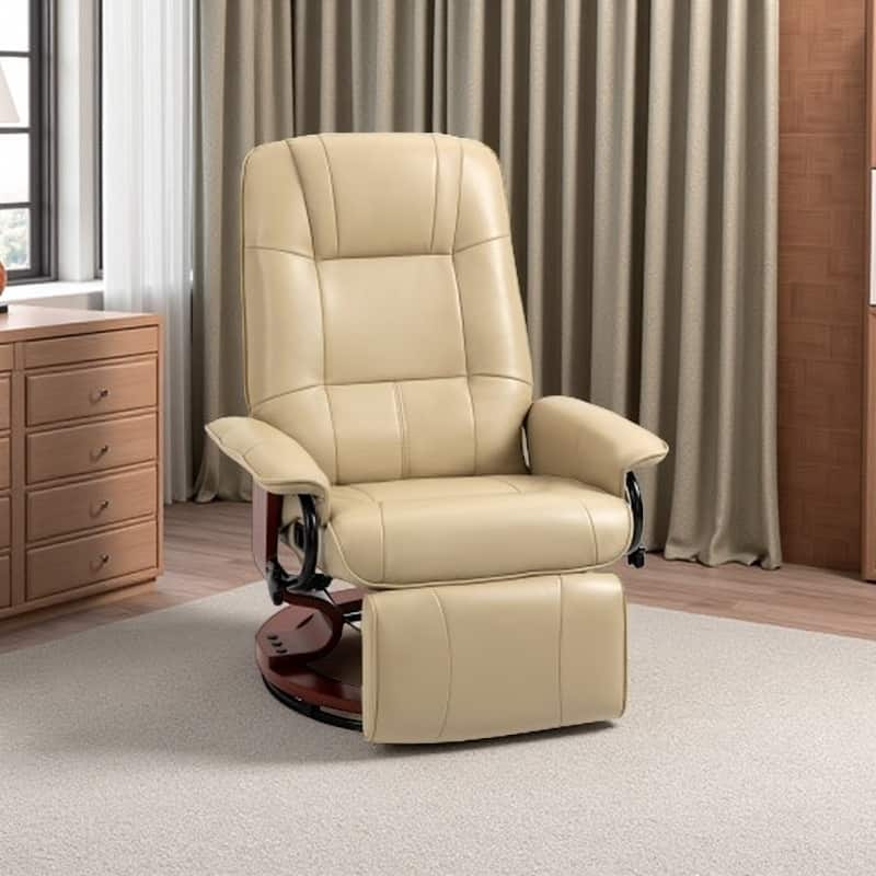 PU Leather Recliner with Wooden Swivel Base, Manual Recline, Padded Armrests, and Footrest - Cream White