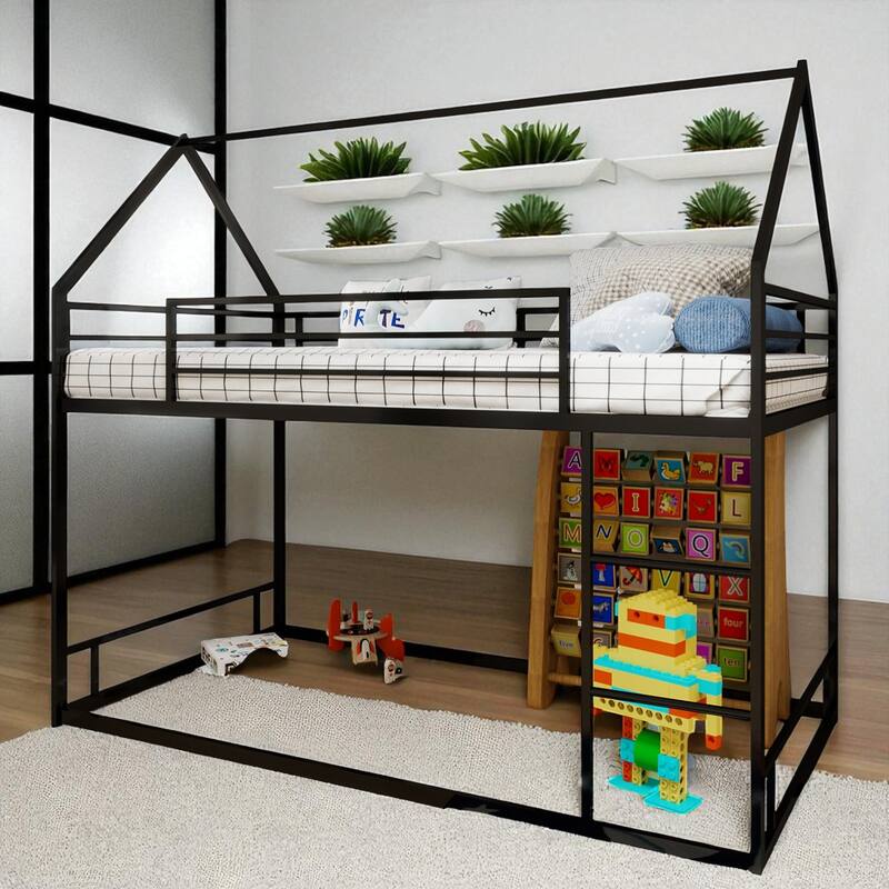 Metal Twin over Twin Bunk Bed with Ladder, Safety Guardrails, Heavy-Duty Noise-Reduced Frame, No Box Spring Needed - Black - Twin