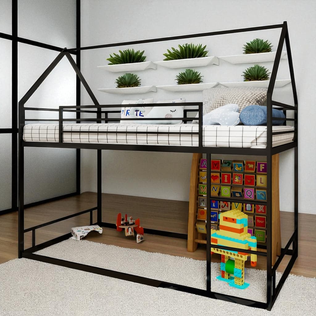 Metal Twin over Twin Bunk Bed with Ladder, Safety Guardrails, Heavy-Duty Noise-Reduced Frame, No Box Spring Needed