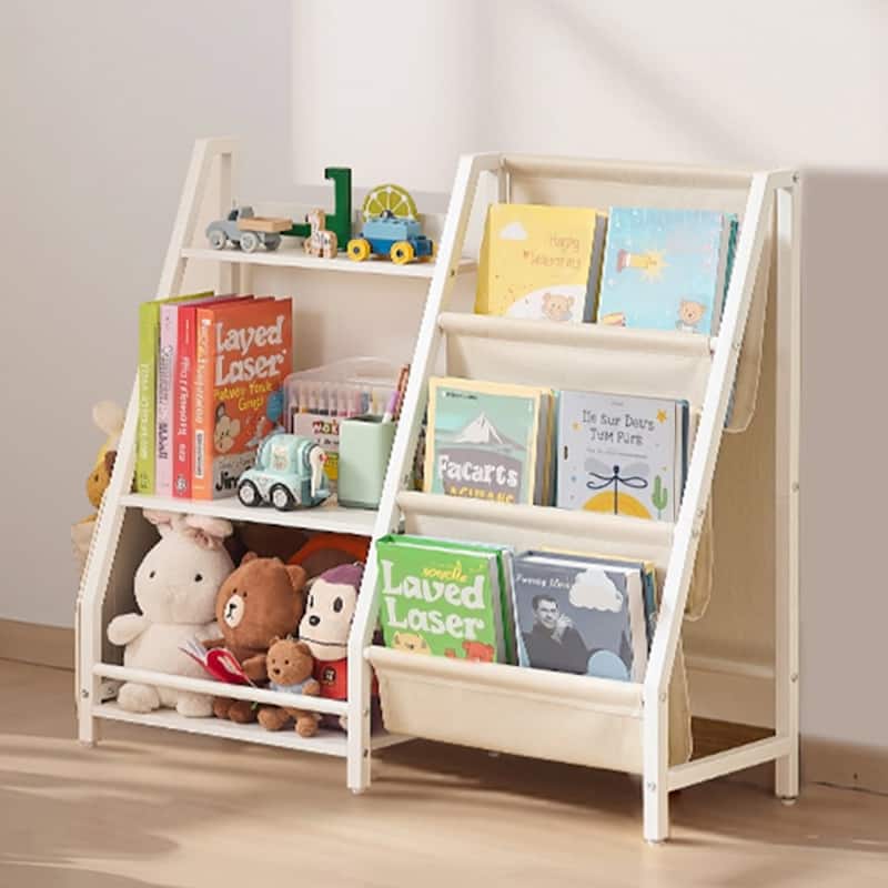 White-Beige Kids Bookshelf and Toy Storage Organizer with 7 Compartments - 33.46 x 11.81 x 29.72 in