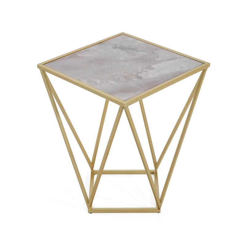 Sleek Gold Iron Geometric Side Table with White Glass Top, Multi-Use Accent Table End Table for Living Rooms, Bedrooms and More