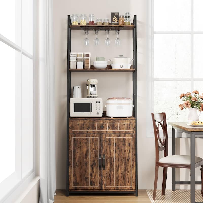 3 Tiers Bakers Racks for Kitchens, Wood+Metal Freestanding Bakers Rack with Cabinet