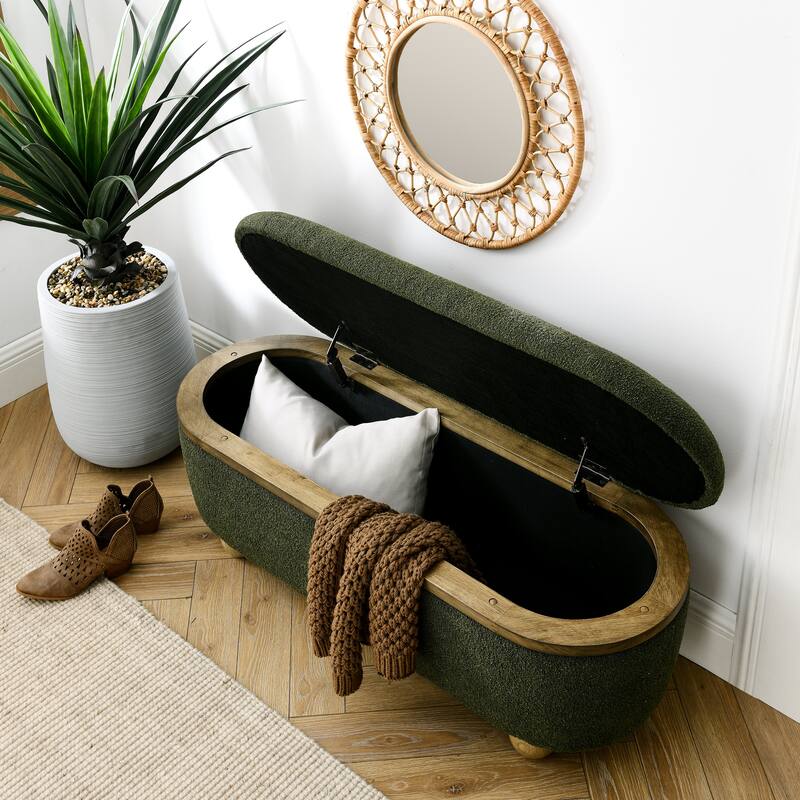 GDFStudio - Clara Upholstered Storage Ottoman Bench with Sturdy Oval Wood Legs - Dark Green