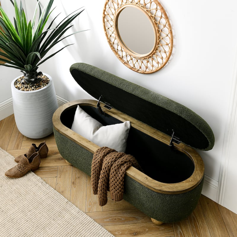 Storage Ottoman Bench for Bedroom, 43" Upholstered Oval Footstool with Hidden Storage, End of Bed Long Velvet Bench