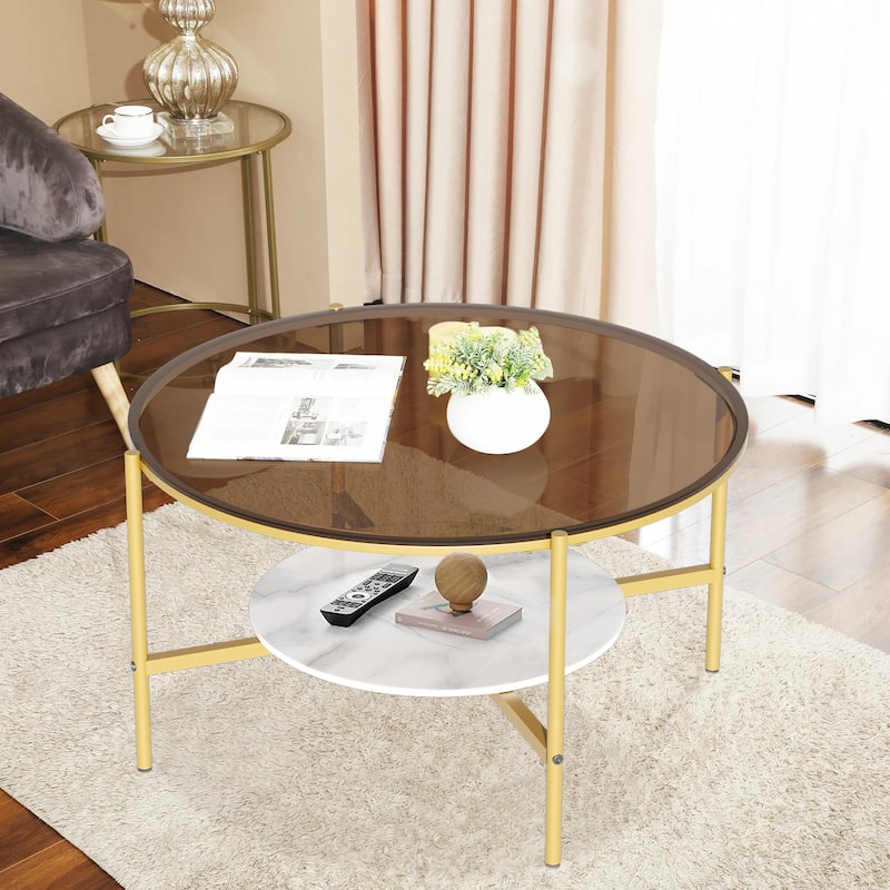 2-Tier Round Coffee Storage Table with Tempered Glass Top and Sintered Stone Accent Table - Gold