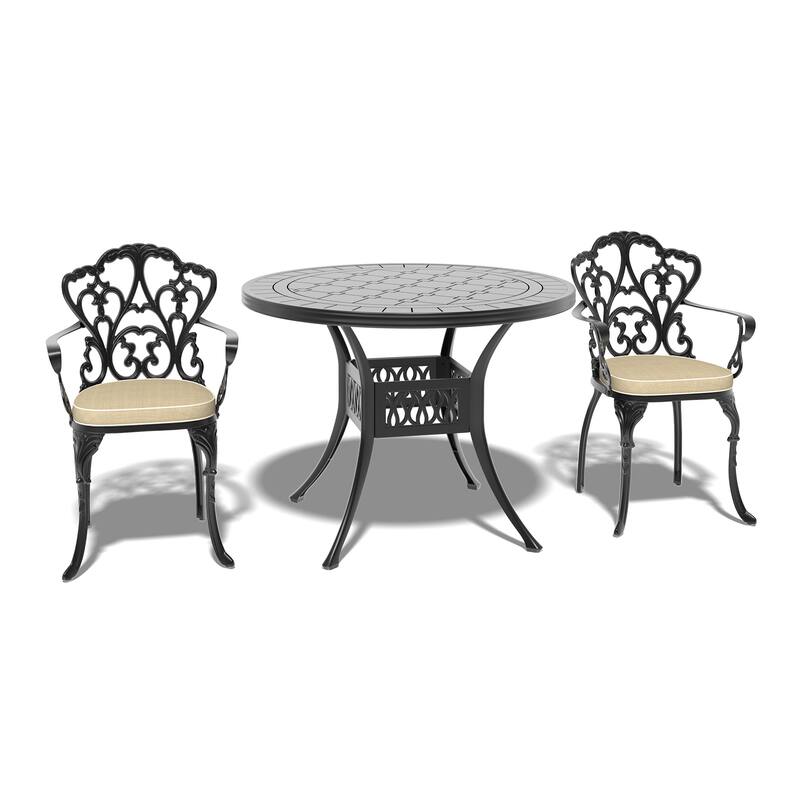3/5 Piece Cast Aluminum Outdoor Dining Set with 39.37 in. Round Table and Seat Cushions