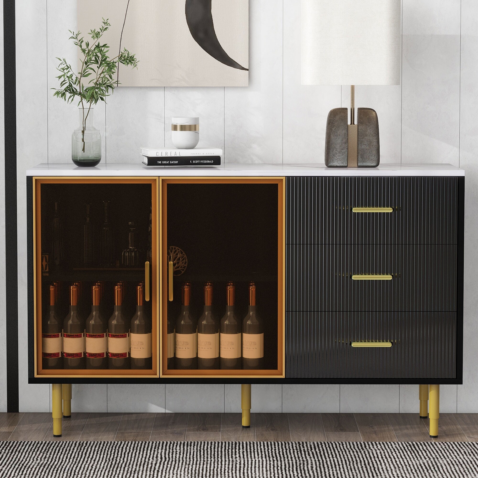 MDF Buffet Cabinet with Amber yellow Tempered Glass Doors N A