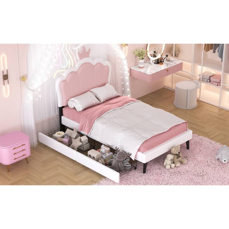 Crown Headboard Twin Platform Bed with 2 Storage Drawers, Ideal for Kids' Rooms