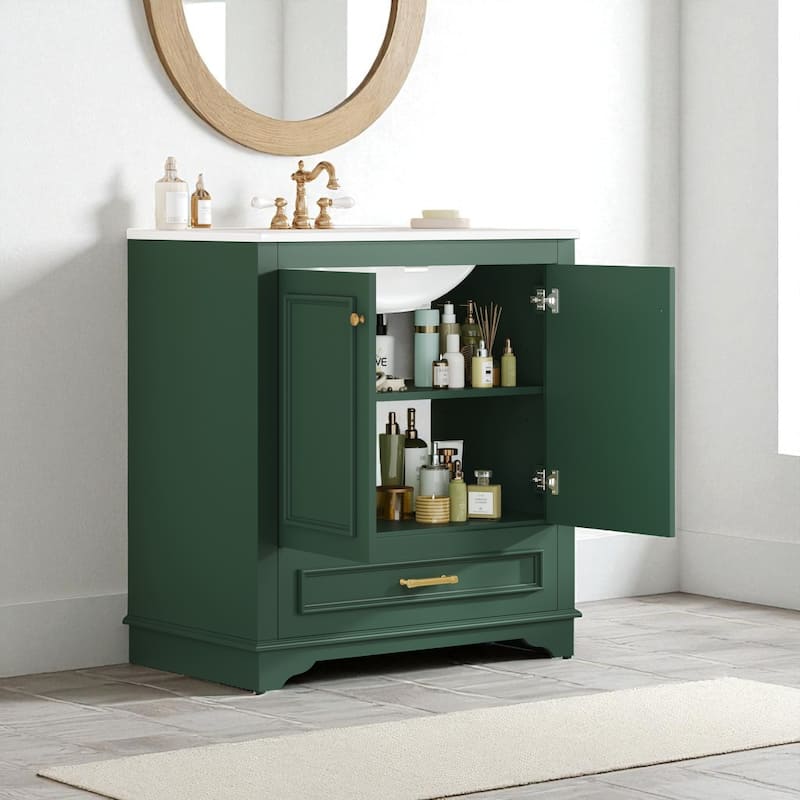 30" Bathroom Vanity with Ceramic Sink, Solid Wood Frame, 2 Soft-Close Doors, Storage Cabinet with Shelf