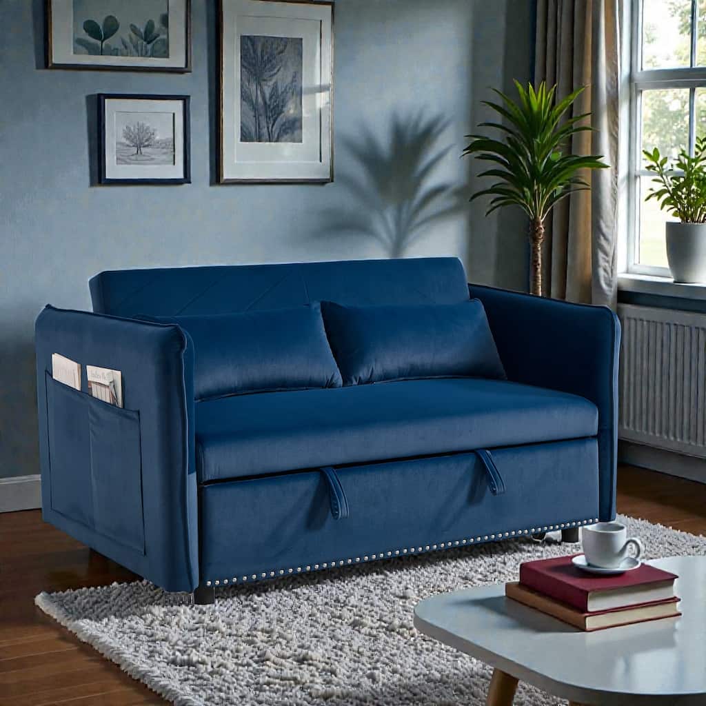 3 in 1 Convertible Sleeper Sofa Bed, Velvet Futon Loveseat with Pull Out Bed, Adjustable Backrest and Side Pockets