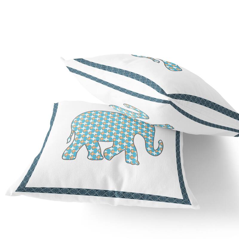 HomeRoots Set of Two 16" X 16" Blue and White Elephant Blown Seam Animal Print Indoor Outdoor Throw Pillow
