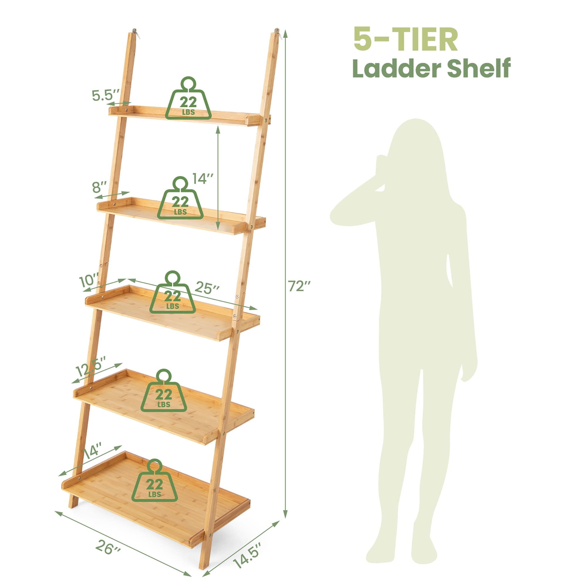 Gymax 5-Tier Bamboo Ladder Shelf Wall-Leaning Bookshelf Display