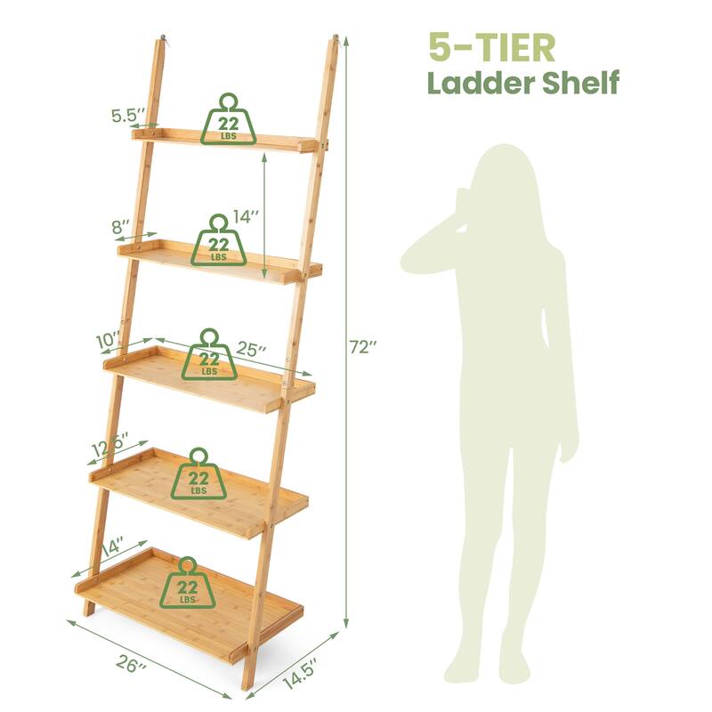 Gymax 5-Tier Bamboo Ladder Shelf Wall-Leaning Bookshelf Display