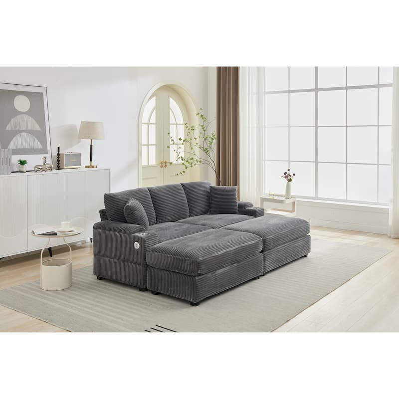 Modular Convertible Sectional Sofa with 2 Ottomans, 2 Seaters Corduroy Arms Couch, Loveseat Sofa with Cup Holders & USB Ports