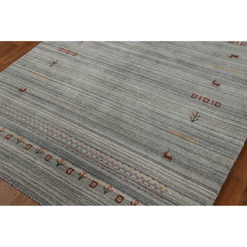 Hand Knotted Oriental 100% Wool Carpet Tribal Animal Pictorial Greys & Charcoal Gabbeh Area Rug - 8' 0'' X 5' 0''