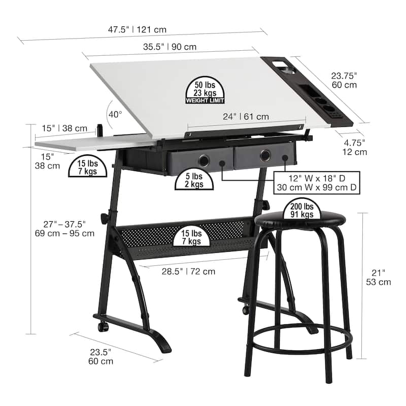Core Craft Center, 2 piece Drawing, Drafting and Craft Table with Stool, Gunmetal-Gray/White
