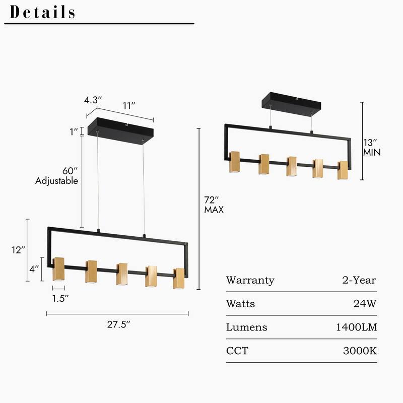 Modern 5-Light Black Gold LED Rectangle Chandelier Hanging Pendant Light for Dining Room - 27.5" L x 1.5" W x 12" H