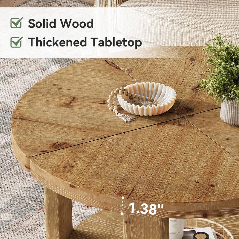 31.5" Round Coffee Table, 2-Tier Farmhouse Solid Wood Coffee Table