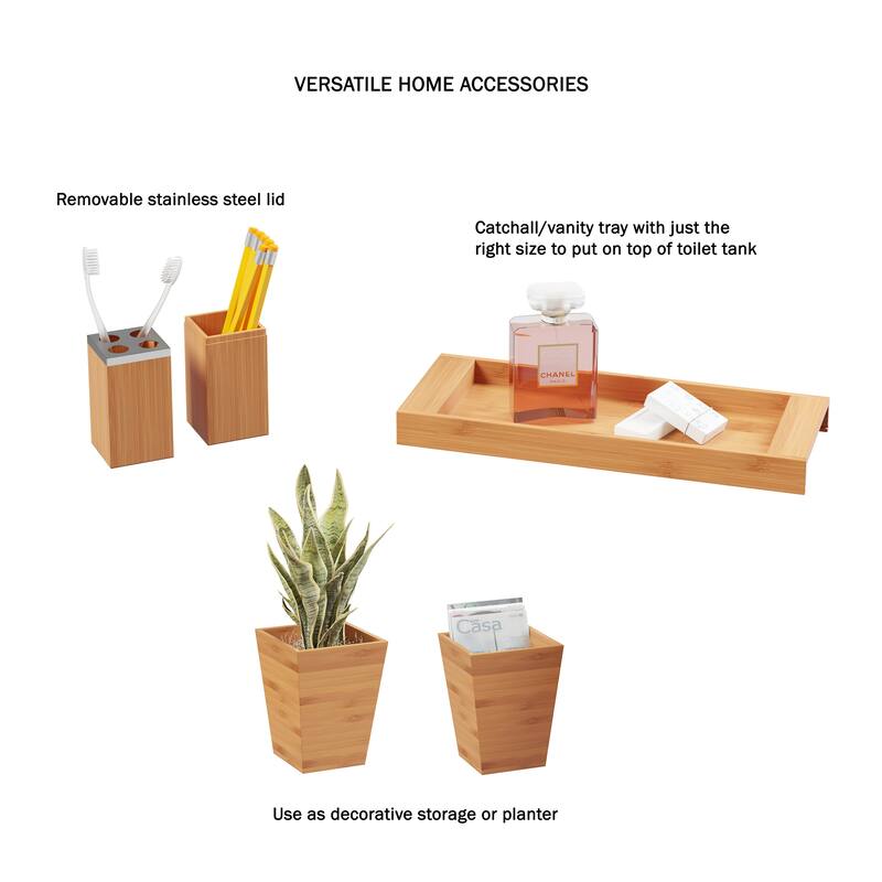 Bamboo Bath Accessories- 5 Pc. Set Natural Wood Tray, Lotion Dispenser, Soap Dish, Toothbrush Holder, Wastebasket by Lavish Home