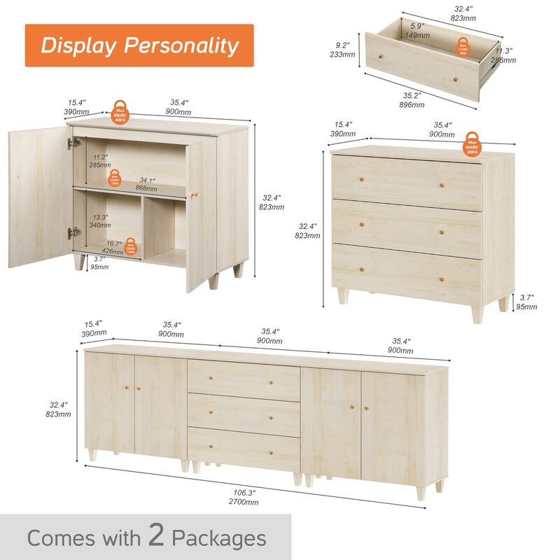 Wood Dresser with 3 Drawers and 2 Cabinets for Bedroom, 106" Wide