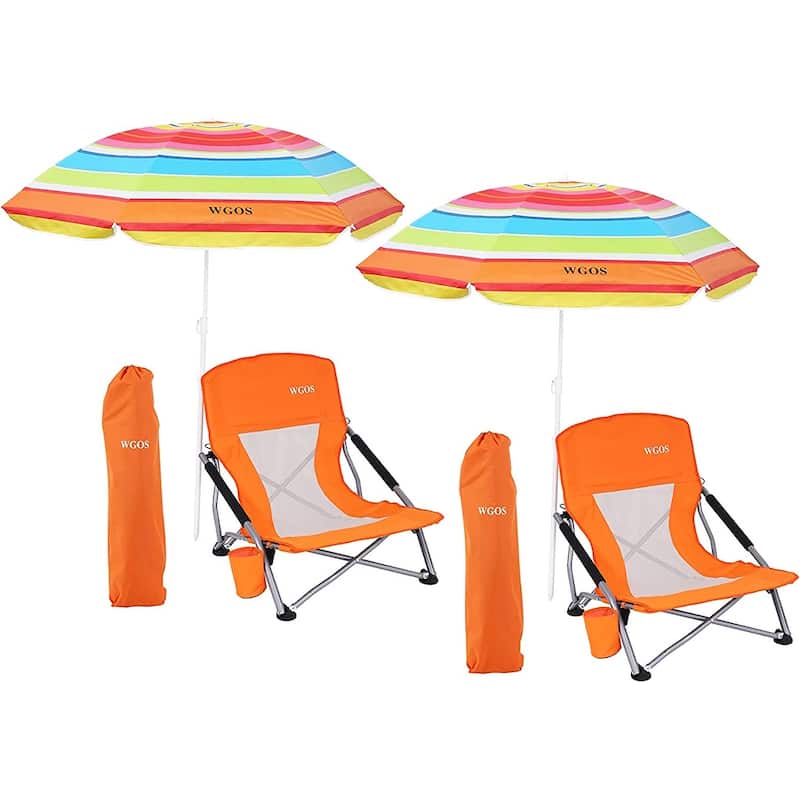 Low Beach Folding Camping Chair with Detachable SPF 50 Umbrella, Armrests with Cup Holder, Portable Lightweight Outdoor - 2-Pack Sweet Orange