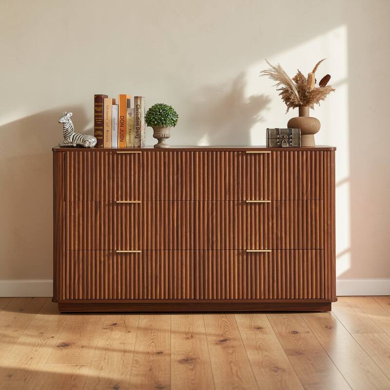 Modern 6 Drawer Dresser with Wave Front Design, Wide Storage Chest and TV Stand, 55" Wooden Organizer Cabinet - Walnut