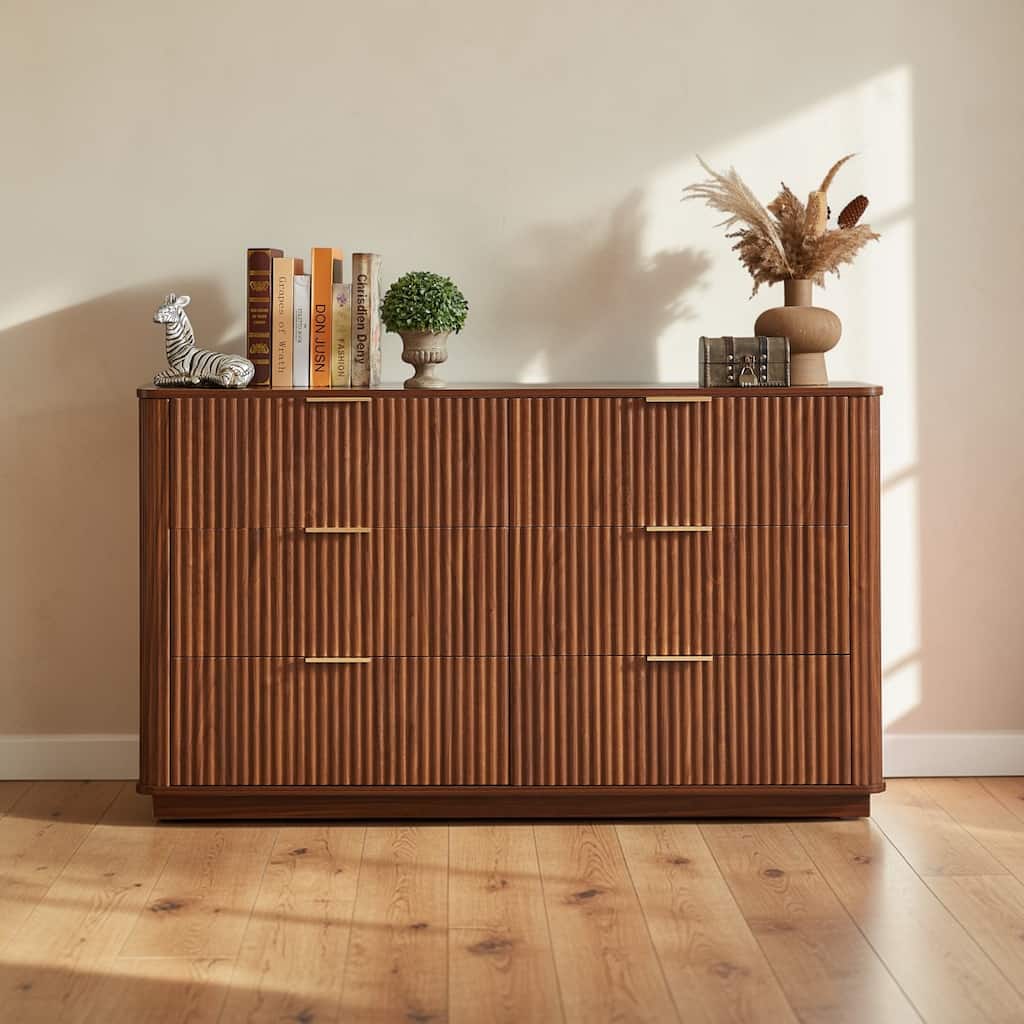 Modern 6 Drawer Dresser with Wave Front Design, Wide Storage Chest and TV Stand, 55" Wooden Organizer Cabinet