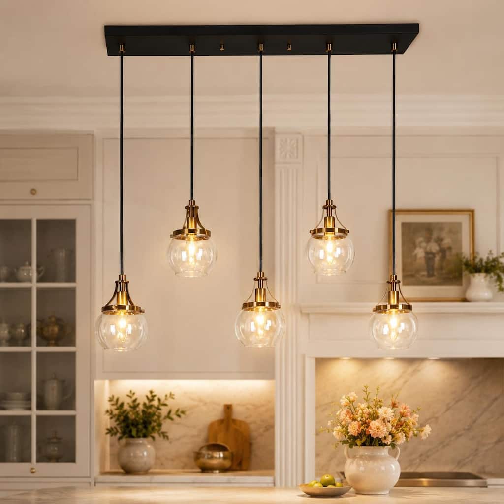 Beta Modern 5-Light Linear Orb Glass Chandelier Black Gold Pendant Light for Kitchen Island - L 31.5" x W 4.9" x H 8"