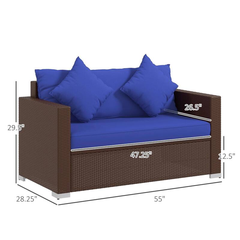 PE Rattan Outdoor Loveseat with Cushions and 2 Throw Pillows