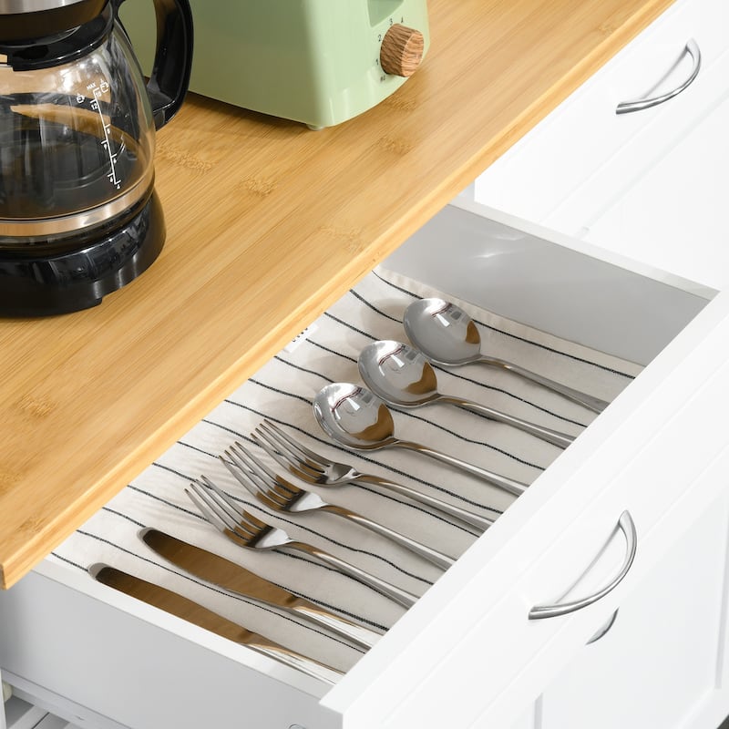 HOMCOM Rolling Kitchen Island Cart with Large Bamboo Countertop, 2 Cabinets with Adjustable Shelves and Wheels, White