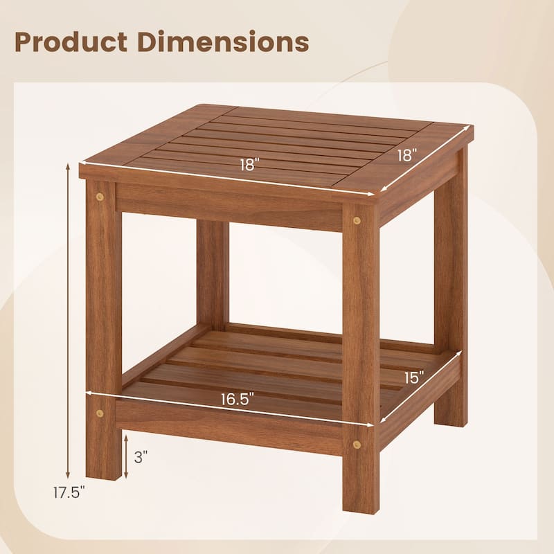 Solid Wood 2-Tier Outdoor Side Table Natural Finish with Slatted Shelves for Patio or Balcony - 18" x 18" x 17.5"
