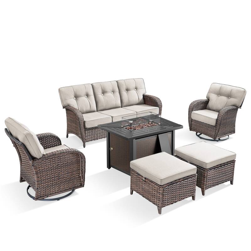 Pocassy Outdoor 43 In Fire Table with Sofa Patio Swivel Chair Set