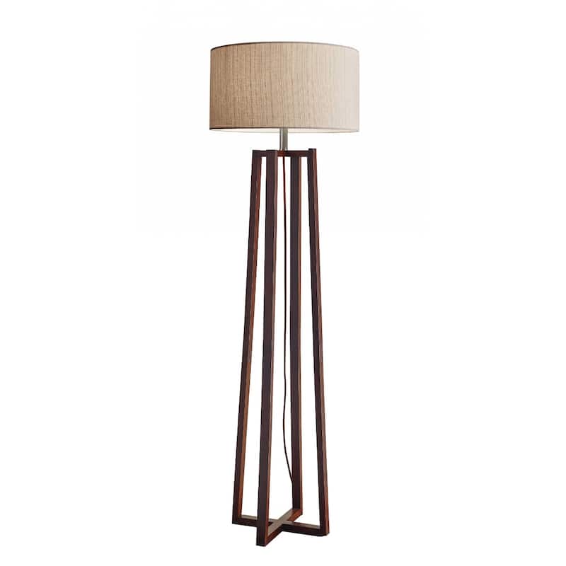 Brown Solid Wood Floor Lamp with Beige Drum Shade and Rotary Switch - 19” x 19” x 60” (D x W x H)