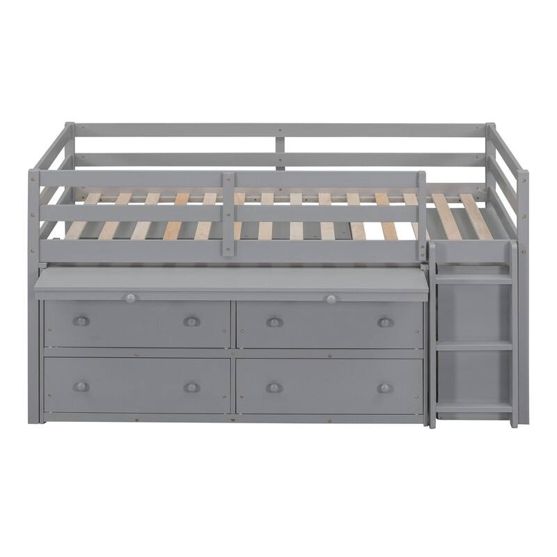 Twin/Full Size Low Loft Bed with Retractable Writing Desk and 4 Drawers, Wooden Loft Bedframe w/ Lateral Portable Desk & Shelves