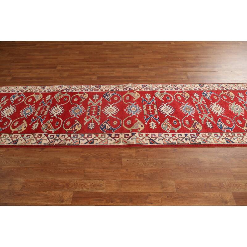 Red Geometric Kazak Oriental Traditional Wool Runner Rug Hand-knotted - 2'8" x 9'8"