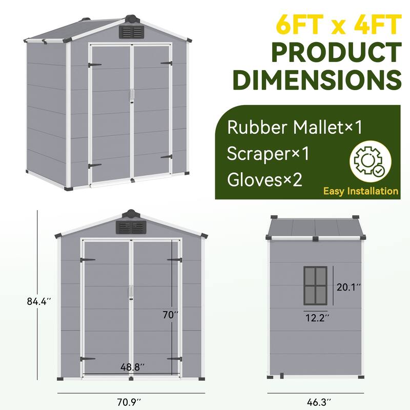 EROMMY Outdoor Storage Shed with Built-In Floor, Lockable Double Doors & Sloped Roof, Gray/Black