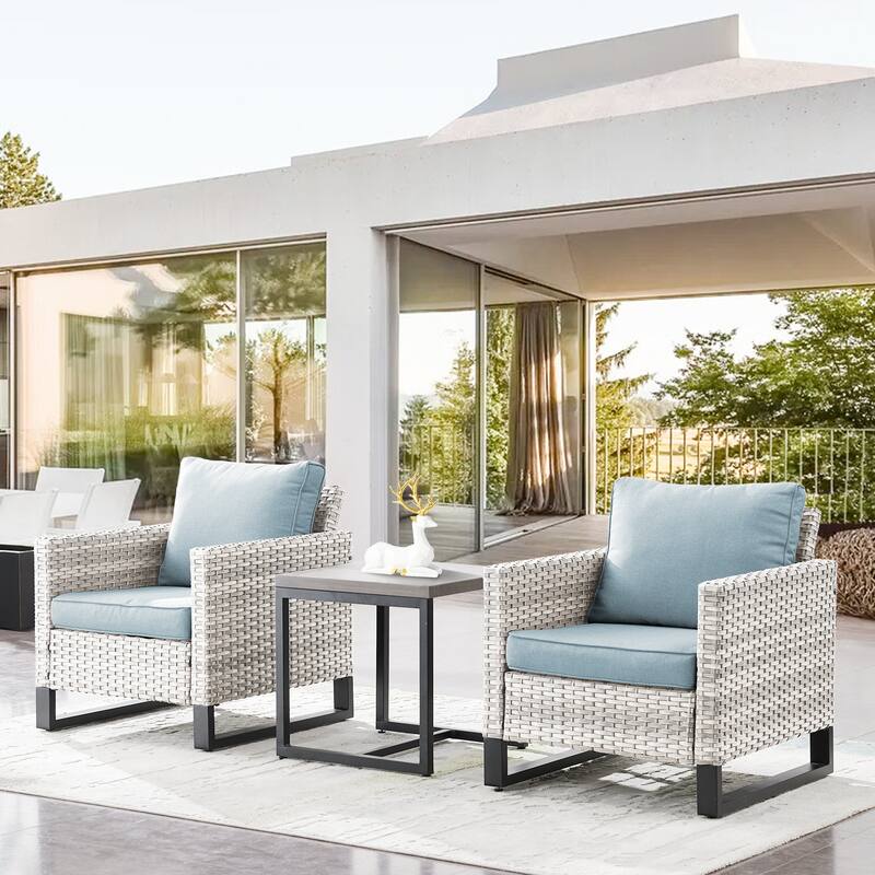 Gymojoy Outdoor PE Wicker Chairs with Table - Light Grey - Baby Blue