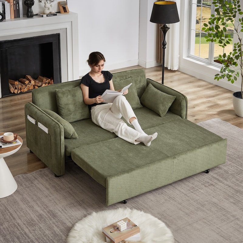 3-in-1 Pull Out Sleeper Sofa Bed, Convertible Corduroy Loveseat Couch with Casters, 4 Pillows and Side Pockets for Living Room
