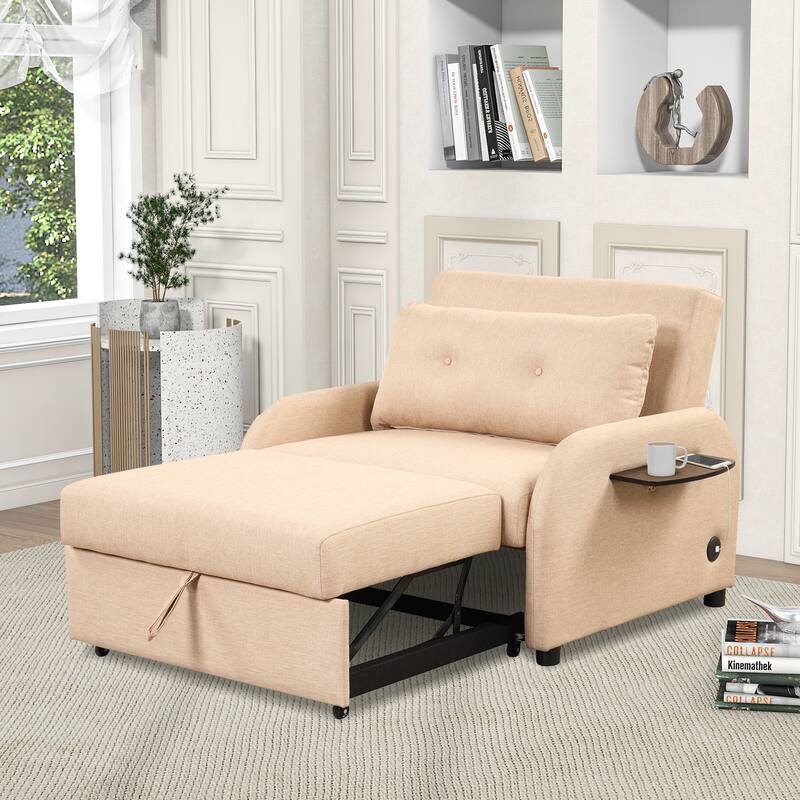 Roomfitters 3-in-1 Pull-Out Sofa Sleeper with 2-Wing Table USB Charging Port for Living Room Recreation Room - Beige