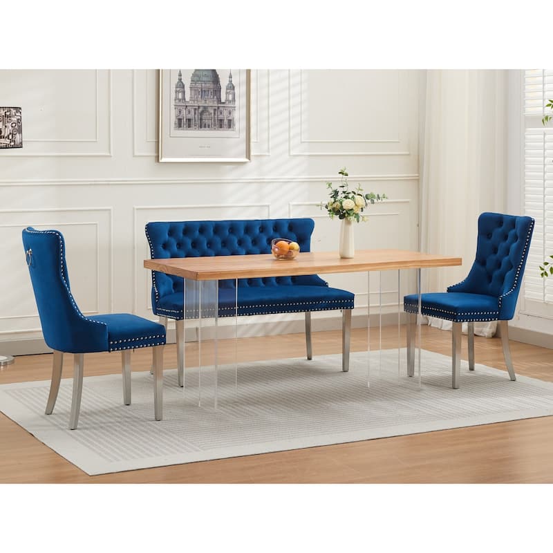 Roomfitters Upholstered Loveseat Bench with Nailhead Trim and Silver Legs, Modern High Back Settee for Dining Room