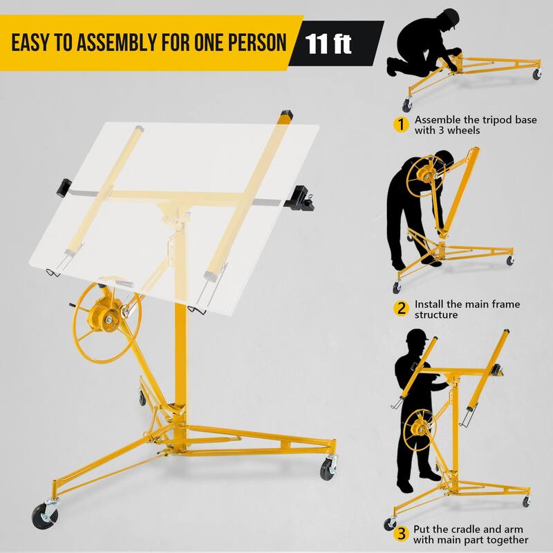 Drywall Lift 11FT, 150lb Capacity Heavy Duty Sheetrock Hoist w/Telescopic Arm & Locking Wheels, Steel Panel Lifter