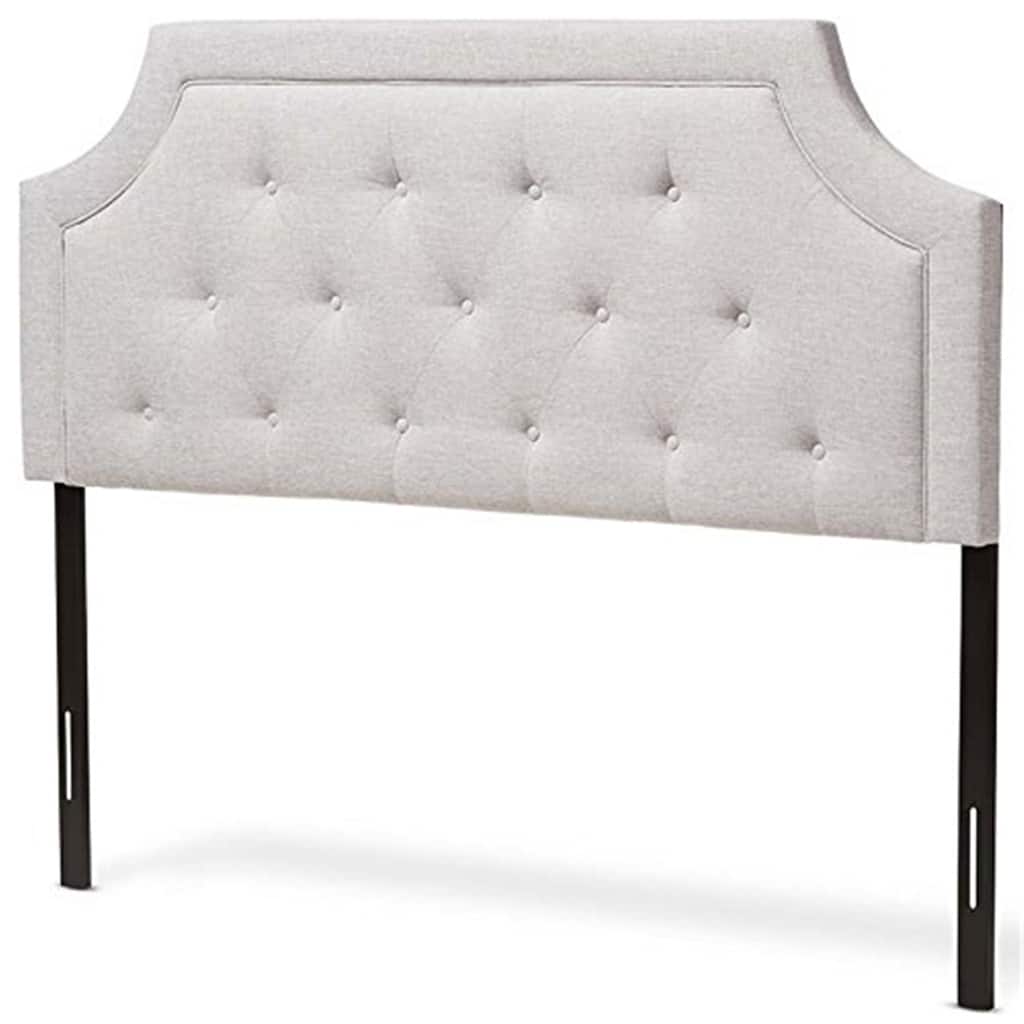 Greyish Beige Full Fabric Upholstered Headboard with Button Tufting, Cut-Out Corners, Adjustable Wood Posts