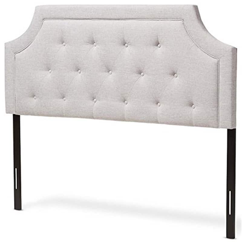 Greyish Beige King Fabric Upholstered Headboard with Button Tufting, Cut-Out Corners, Adjustable Wood Posts