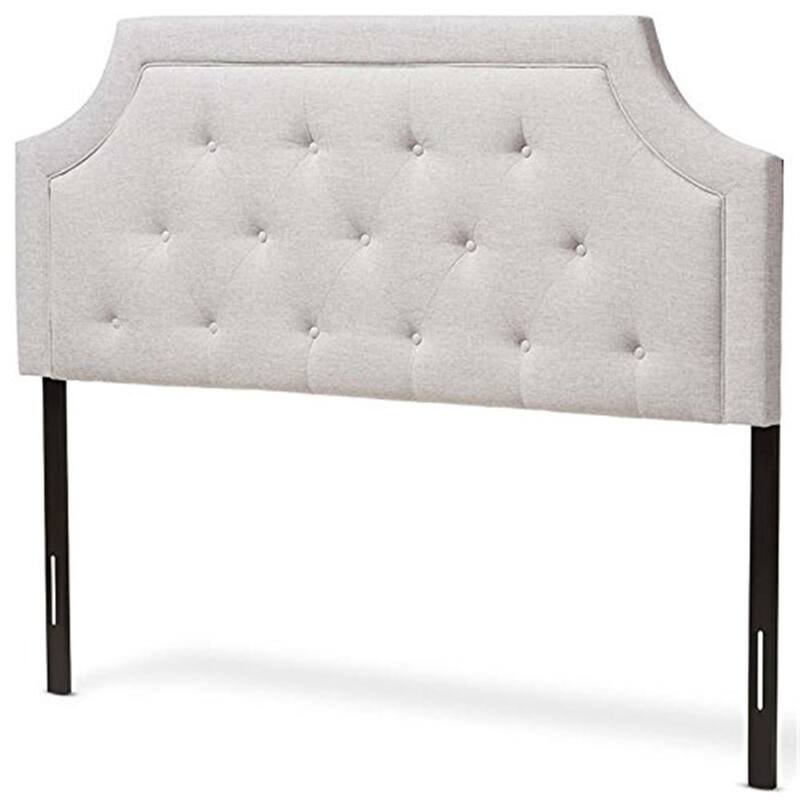 Greyish Beige Queen Fabric Upholstered Headboard with Button Tufting, Cut-Out Corners, Adjustable Wood Posts