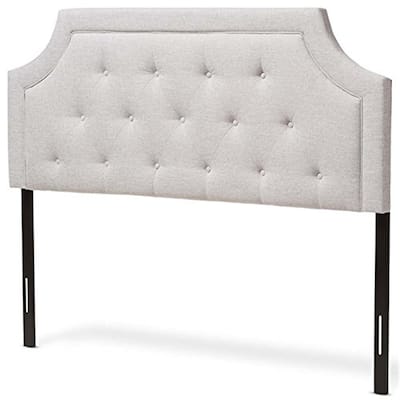 Greyish Beige Queen Fabric Upholstered Headboard with Button Tufting, Cut-Out Corners, Adjustable Wood Posts