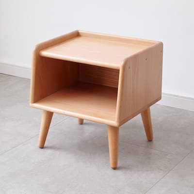 Small Nightstand with Open Storage Shelf, Coffee Table with Wooden Tabletop, Couch Side Table with Solid Wood Legs