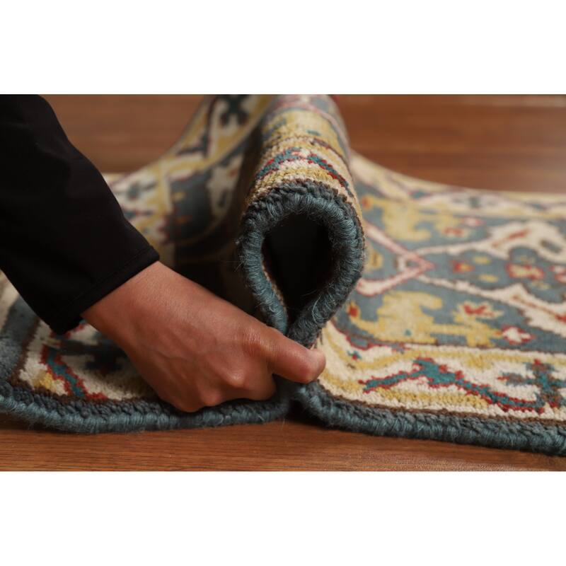 Blue Geometric Oushak Oriental Foyer Rug Handmade Wool Carpet - 2'0"x 3'0"