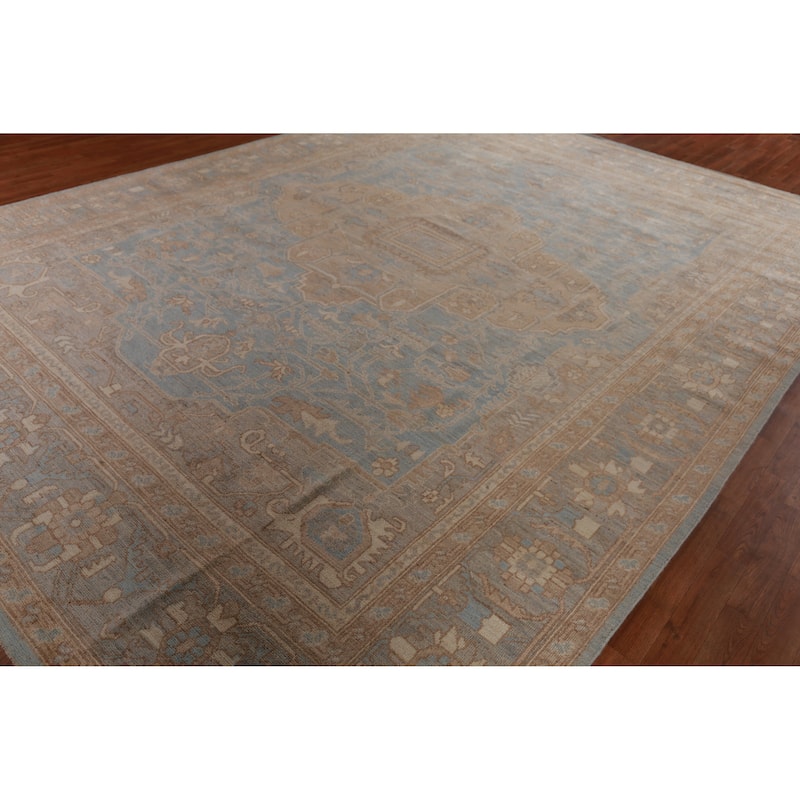 Vegetable Dye Oushak Turkish Rug Blue Handmade Bedroom Wool Carpet - 10'4" x 13'11"